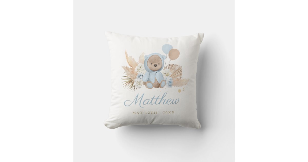 Boho Teddy Bear Baby Shower Gift Boy Blue Bear Throw Pillow Zazzle