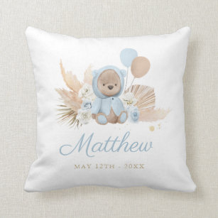 Boho Teddy Bear Baby Shower Gift Boy Blue Bear Throw Pillow