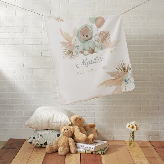 Boho Teddy Bear Baby Shower Gift Gender Neutral Baby Blanket (In Situ)