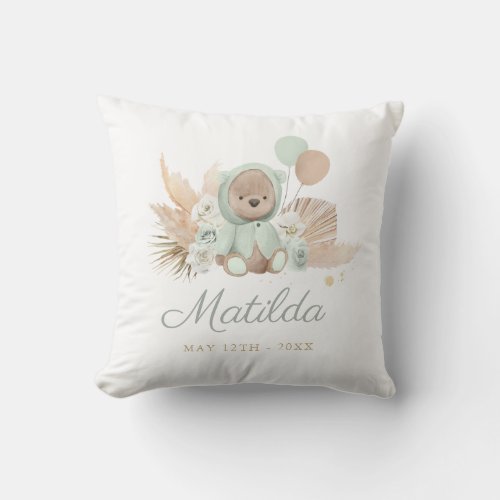 Boho Teddy Bear Baby Shower Gift Sage Green Throw Pillow