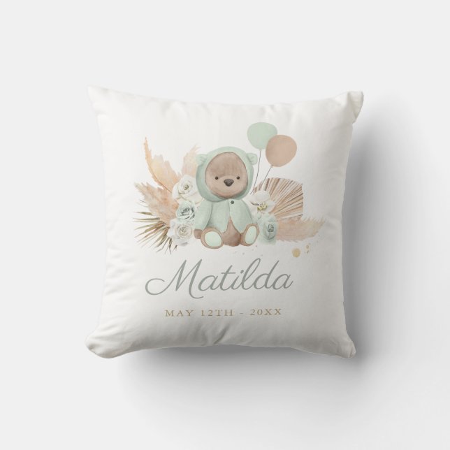 Boho Teddy Bear Baby Shower Gift Sage Green Throw Pillow (Front)