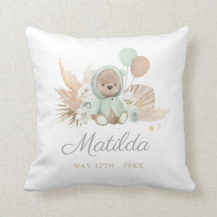 Boho Teddy Bear Baby Shower Gift Sage Green Throw Pillow