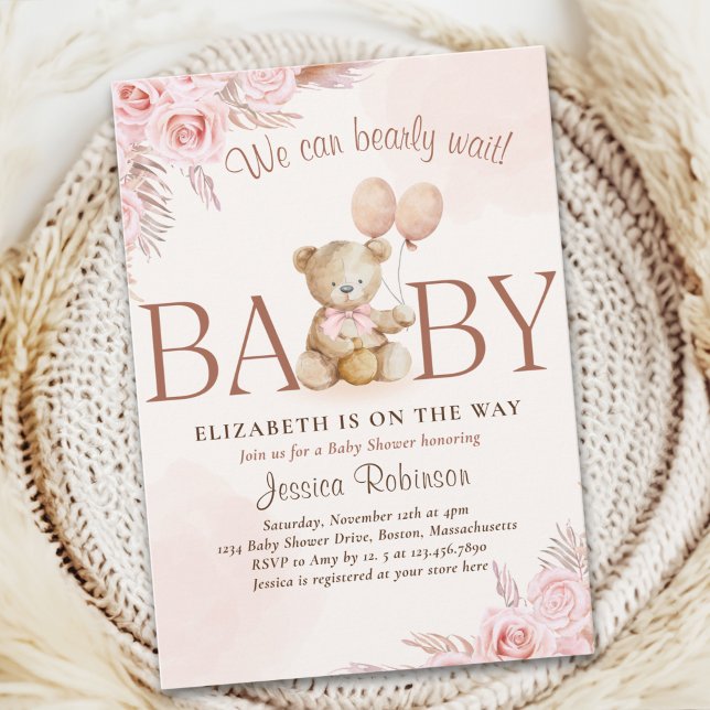 Boho Teddy Bear Baby Shower Girl Invitation (Creator Uploaded)
