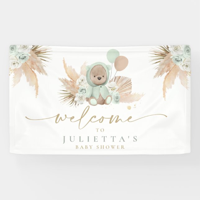 Boho Teddy Bear Baby Shower Green Bear Welcome Banner (Horizontal)