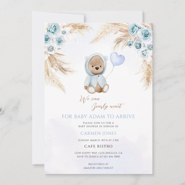 Boho Teddy Bear Baby Shower Invitation (Front)