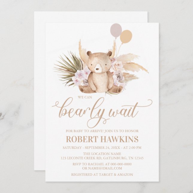 Boho Teddy Bear Baby Shower Invitation (Front/Back)