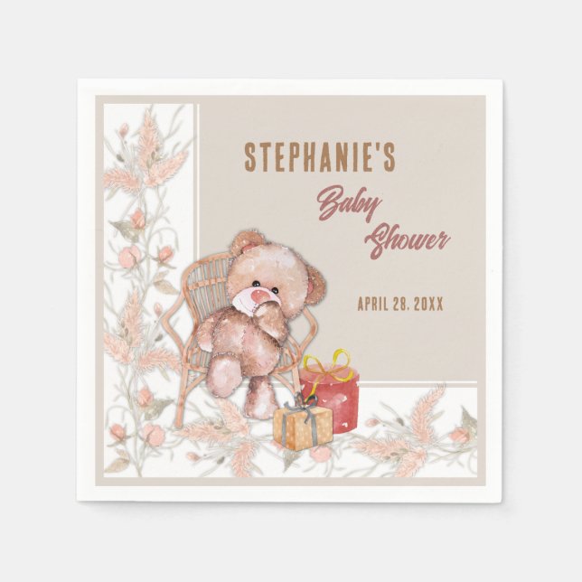 Boho Teddy Bear Baby Shower Napkins (Front)