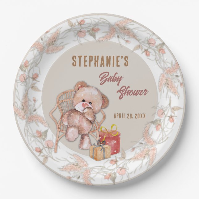 Boho Teddy Bear Baby Shower Paper Plates (Front)
