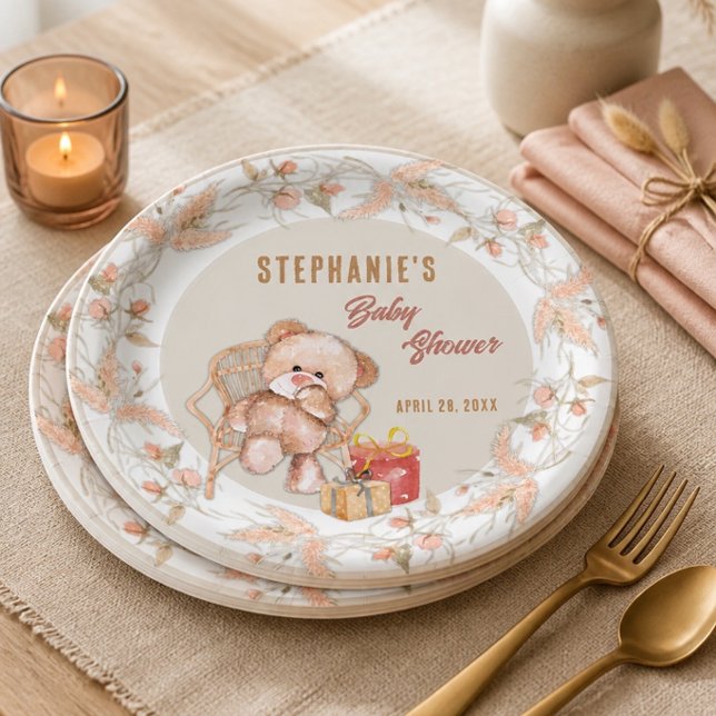 Boho Teddy Bear Baby Shower Paper Plates (Creator Uploaded)