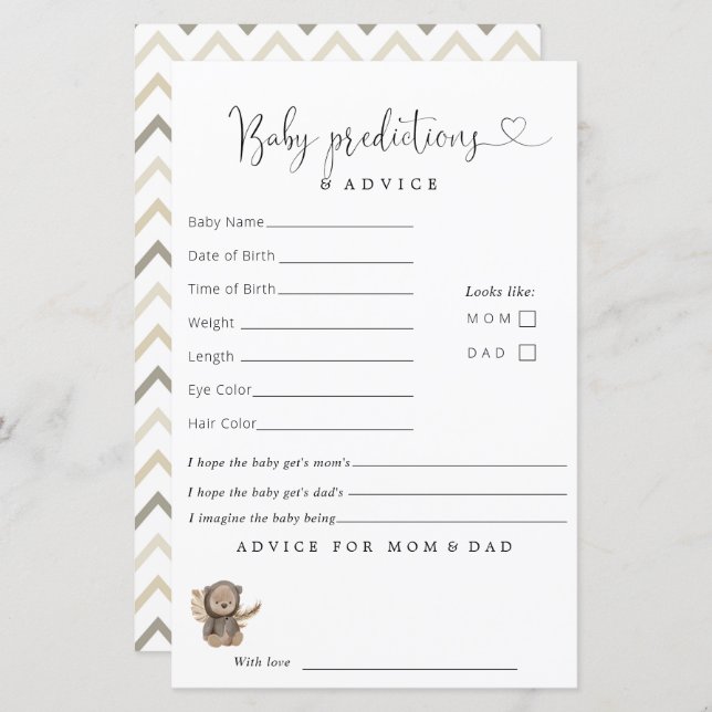 Boho Teddy Bear Baby Shower  Predictions Advice (Front/Back)