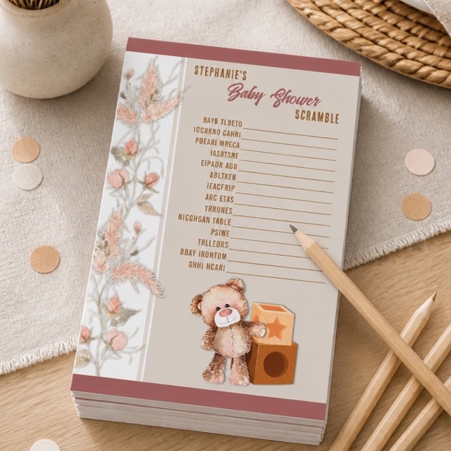 Boho Teddy Bear Baby Shower Scramble Game Stationery (Creator Uploaded)