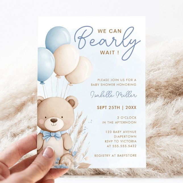Boho Teddy Bear Balloon Boy Bearly Wait Invitation (Creator Uploaded)