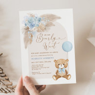 Boho Teddy Bear Balloon Pampas Boy Baby Shower Invitation