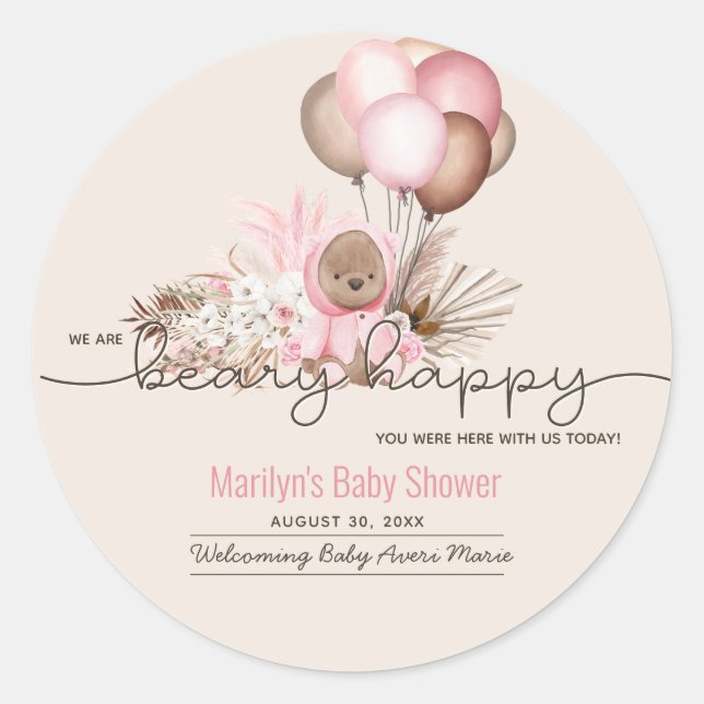 Boho Teddy Bear & Balloons Bearly Wait Baby Shower Classic Round Sticker (Front)