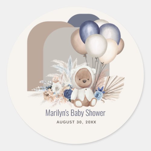 Boho Teddy Bear  Balloons Bearly Wait Baby Shower Classic Round Sticker
