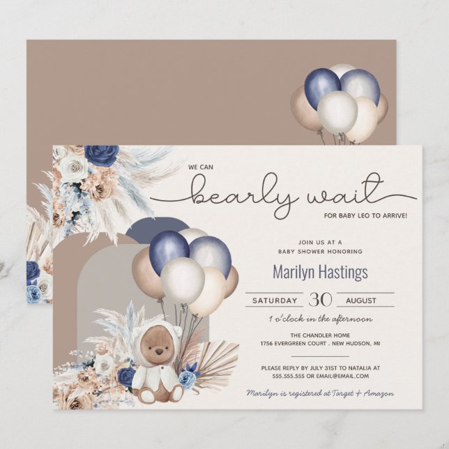 Boho Teddy Bear & Balloons Bearly Wait Baby Shower Invitation (Front/Back)