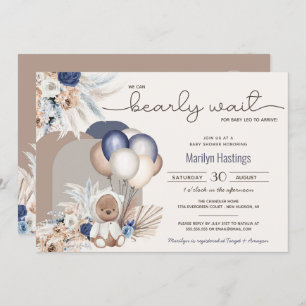 Boho Teddy Bear & Balloons Bearly Wait Baby Shower Invitation