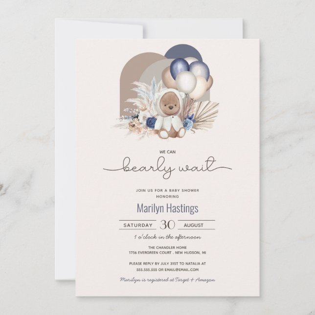 Boho Teddy Bear & Balloons Bearly Wait Baby Shower Invitation (Front)