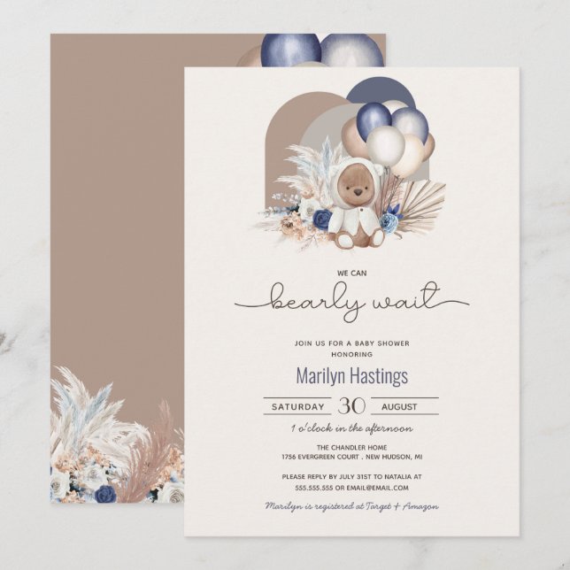 Boho Teddy Bear & Balloons Bearly Wait Baby Shower Invitation (Front/Back)