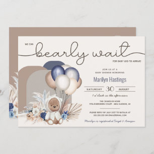 Boho Teddy Bear & Balloons Bearly Wait Baby Shower Invitation