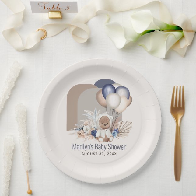 Boho Teddy Bear & Balloons Bearly Wait Baby Shower Paper Plates (Wedding)