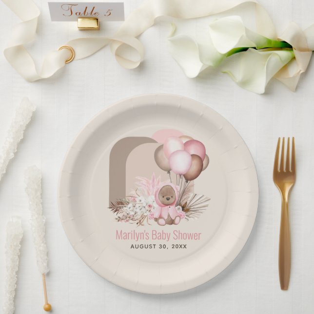 Boho Teddy Bear & Balloons Bearly Wait Baby Shower Paper Plates (Wedding)