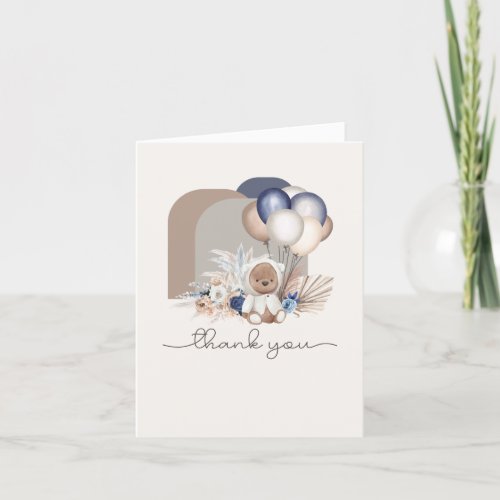 Boho Teddy Bear  Balloons _ Blue Brown Neutral  Thank You Card