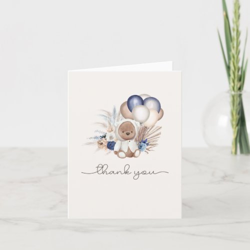 Boho Teddy Bear  Balloons _ Blue Brown Neutral Thank You Card