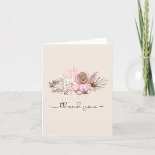Boho Teddy Bear & Balloons/Pink, Brown, Baby Girl Letterpress Thank You Card