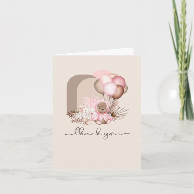 Boho Teddy Bear & Balloons - Pink, Brown, Neutral Thank You Card (Front)
