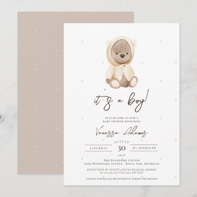 boho teddy bear bearly wait baby boy shower invitation (Front/Back)