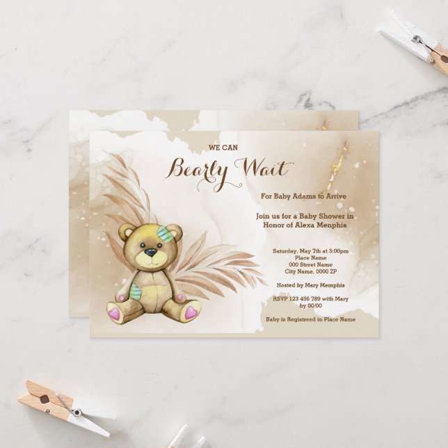 Boho Teddy Bear Bearly Wait Baby Shower Invitation (Front/Back In Situ)