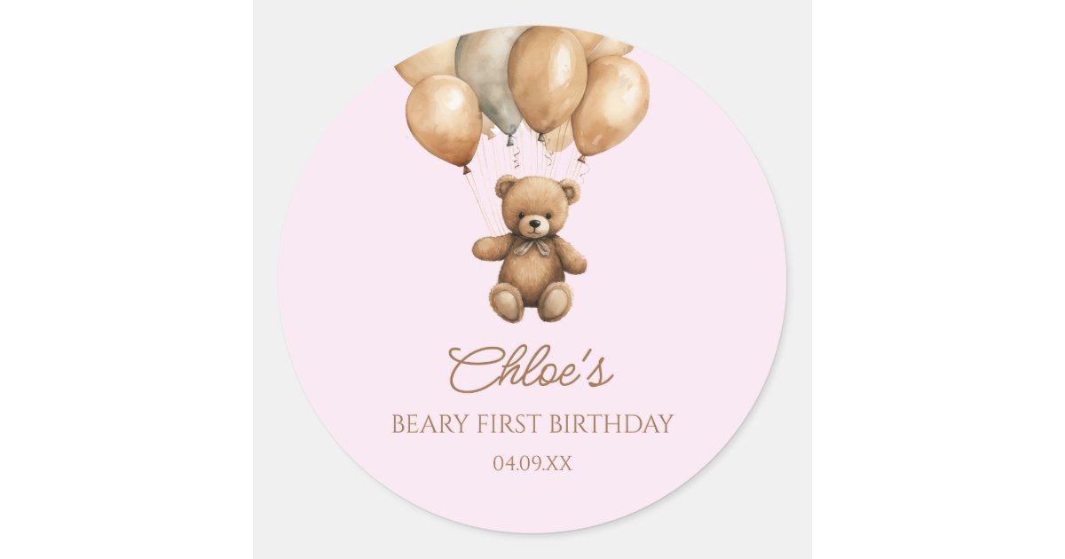 Boho Teddy Bear Beary First 1st Birthday Party Classic Round Sticker ...
