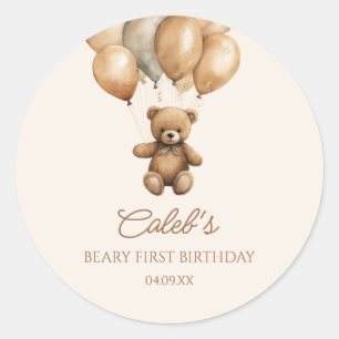 Boho Teddy Bear Beary First 1st Birthday Party Classic Round Sticker