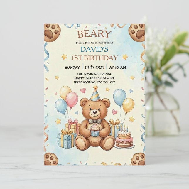 Boho Teddy Bear Beary First 1st Birthday Party Invitation (Standing Front)
