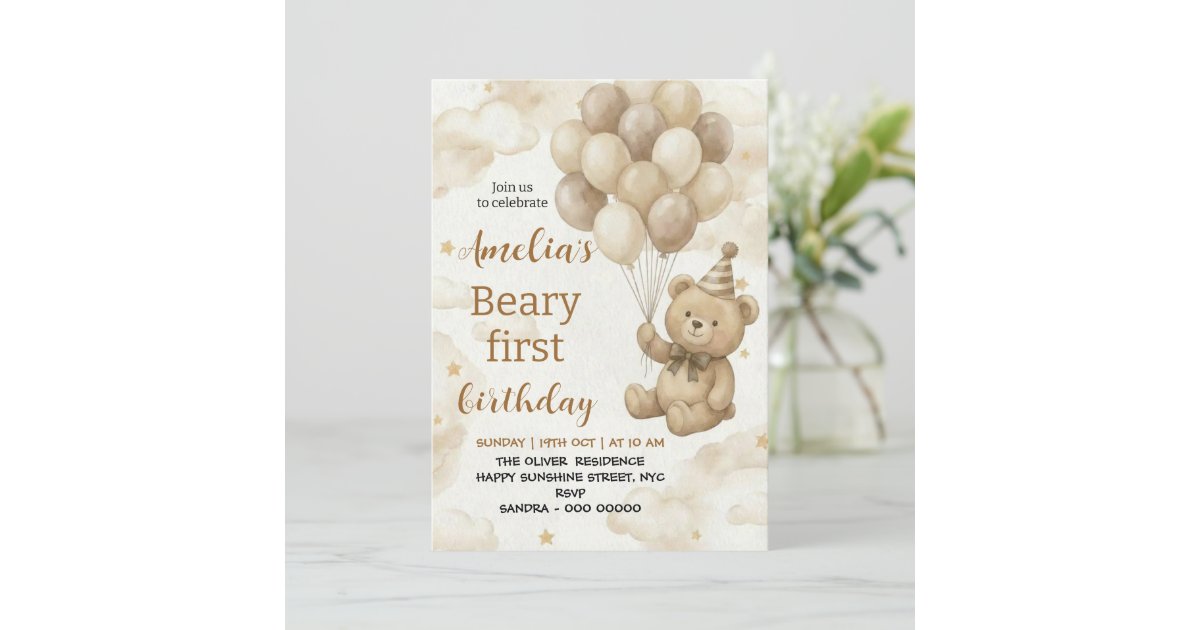 Boho Teddy Bear Beary First 1st Birthday Party Invitation | Zazzle
