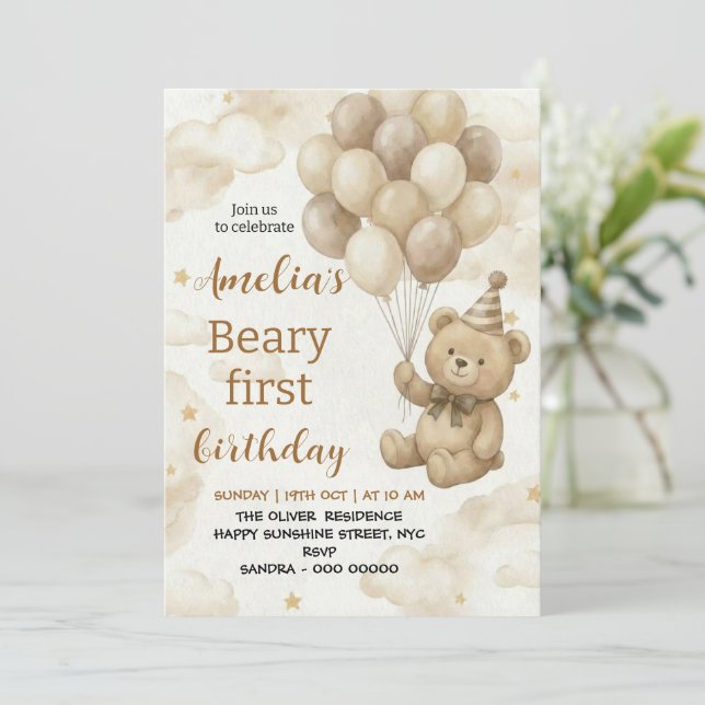 Boho Teddy Bear Beary First 1st Birthday Party Invitation (Standing Front)