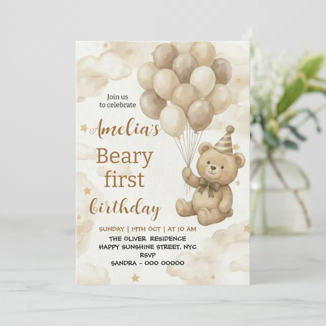 Boho Teddy Bear Beary First 1st Birthday Party Invitation | Zazzle