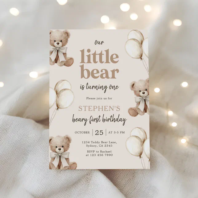 Boho Teddy Bear Beary First 1st Birthday Party Invitation | Zazzle