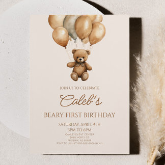  Boho Teddy Bear Beary First 1st Birthday Party Invitation