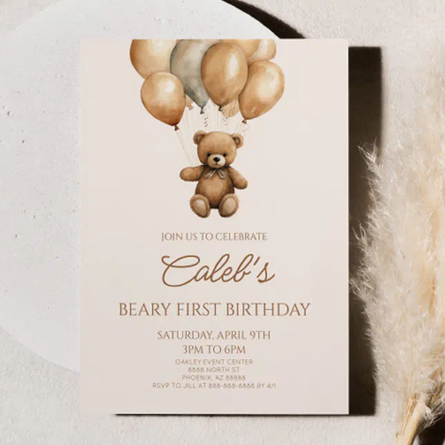 Boho Teddy Bear Beary First 1st Birthday Party Invitation | Zazzle