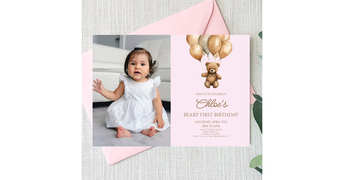 Boho Teddy Bear Beary First 1st Birthday Party Invitation | Zazzle