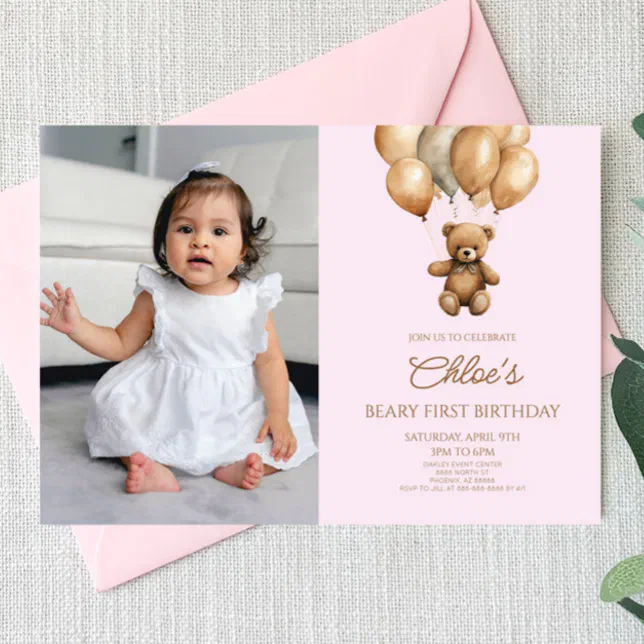 Boho Teddy Bear Beary First 1st Birthday Party Invitation | Zazzle