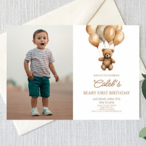 Boho Teddy Bear Beary First 1st Birthday Party Invitation