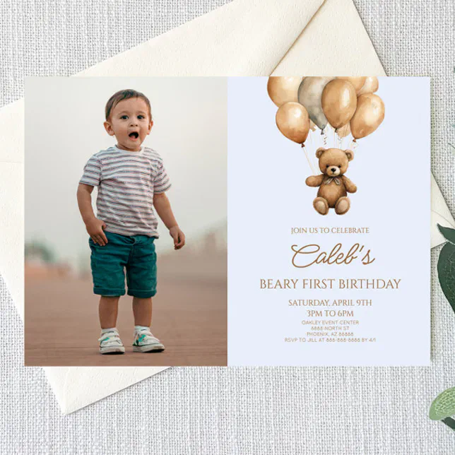 Boho Teddy Bear Beary First 1st Birthday Party Invitation | Zazzle