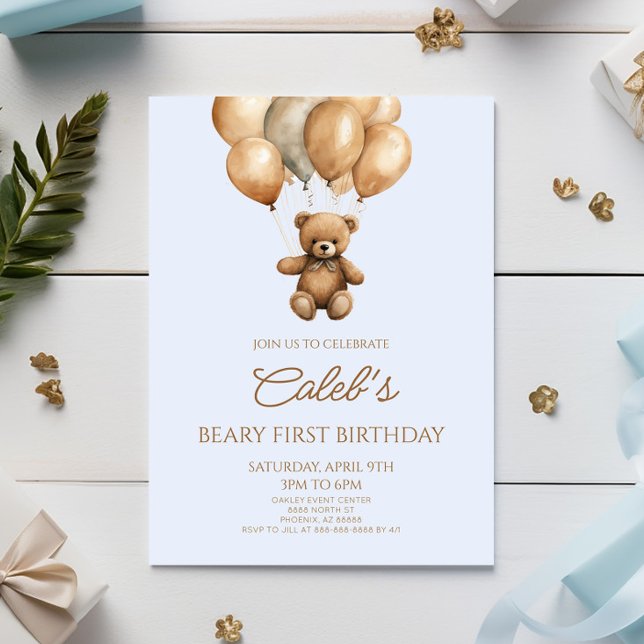 Boho Teddy Bear Beary First 1st Birthday Party Invitation (Creator Uploaded)