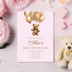 Boho Teddy Bear Beary First 1st Birthday Party Invitation