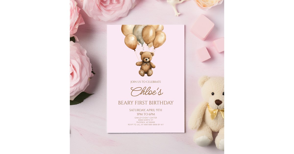 Boho Teddy Bear Beary First 1st Birthday Party Invitation | Zazzle