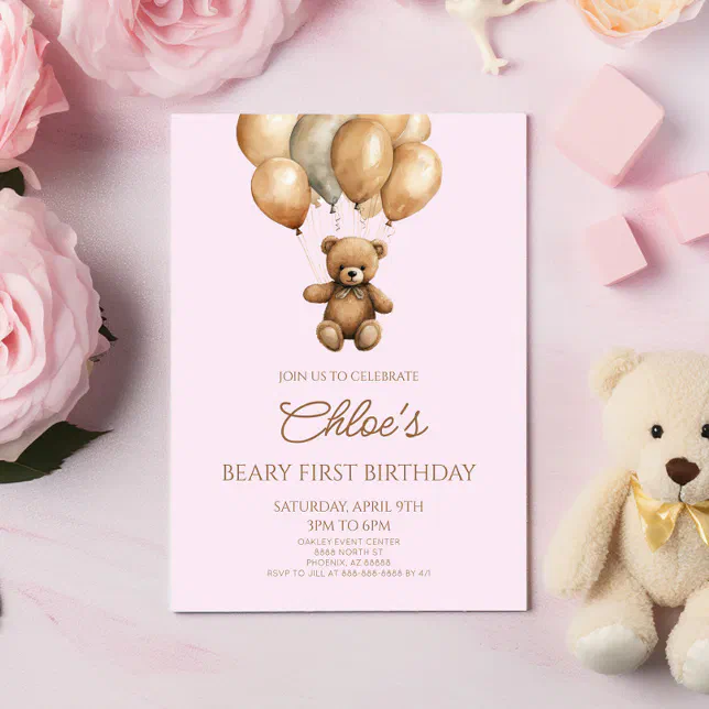 Boho Teddy Bear Beary First 1st Birthday Party Invitation | Zazzle