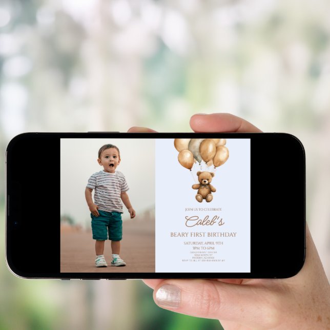 Boho Teddy Bear Beary First 1st Birthday Party Invitation (Front Digital)